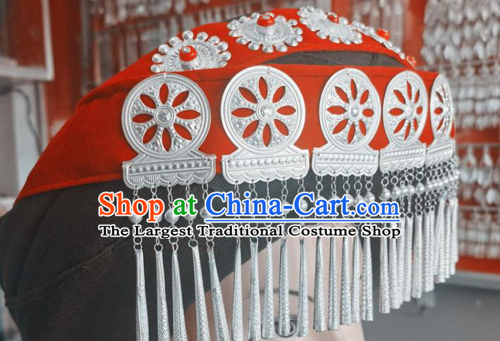 Chinese Liangshan Ethnic Wedding Silver Tassel Headwear Traditional Yi Nationality Bride Red Hat