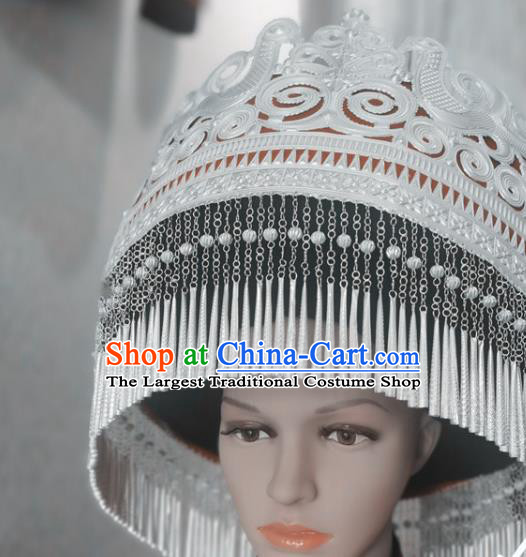Chinese Liangshan Ethnic Ceremony Headwear Traditional Yi Nationality Wedding Bride Silver Tassel Hat