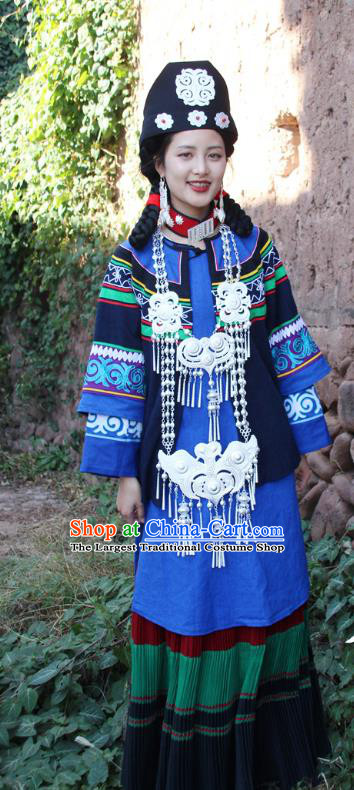 China Yi Nationality Folk Dance Outfits Clothing Traditional Liangshan Ethnic Woman Costumes and Hat