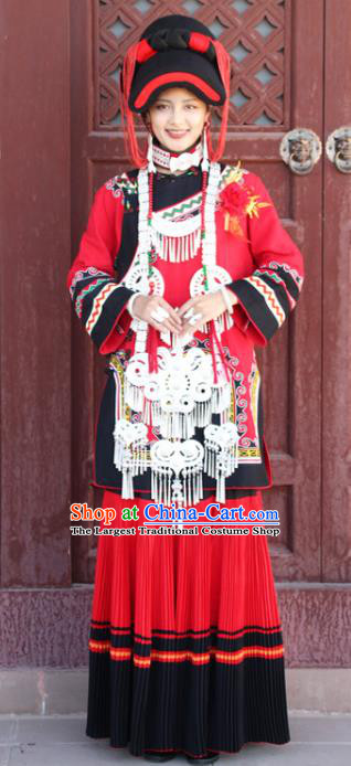 China Traditional Liangshan Ethnic Wedding Costumes Yi Nationality Minority Bride Red Outfits Clothing and Hat