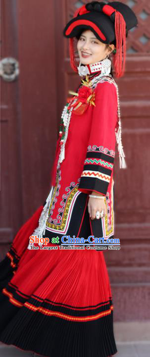 China Traditional Liangshan Ethnic Wedding Costumes Yi Nationality Minority Bride Red Outfits Clothing and Hat