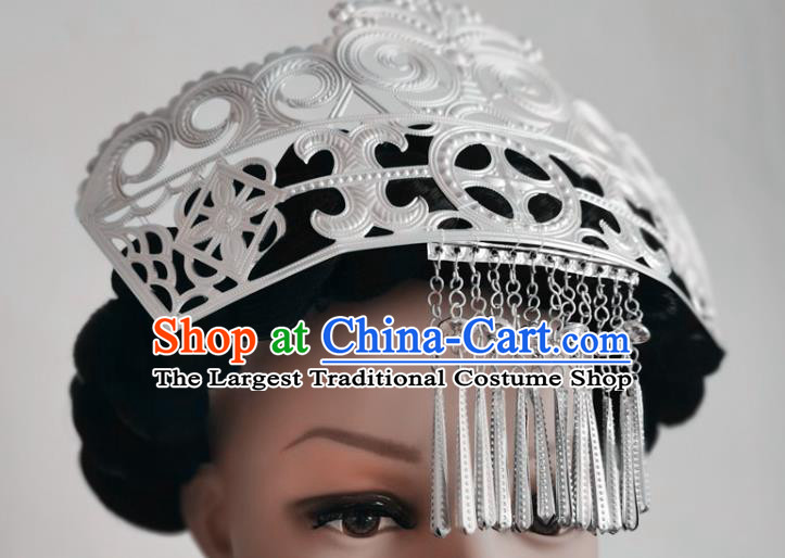 Chinese Liangshan Ethnic Silver Tassel Hair Crown Headwear Traditional Yi Nationality Ceremony Hat
