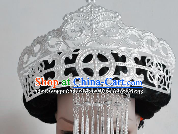 Chinese Liangshan Ethnic Silver Tassel Hair Crown Headwear Traditional Yi Nationality Ceremony Hat