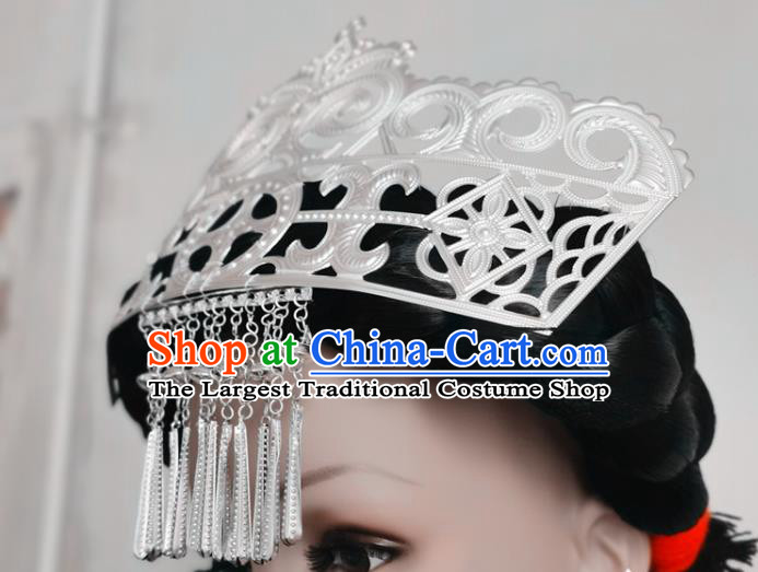 Chinese Liangshan Ethnic Silver Tassel Hair Crown Headwear Traditional Yi Nationality Ceremony Hat