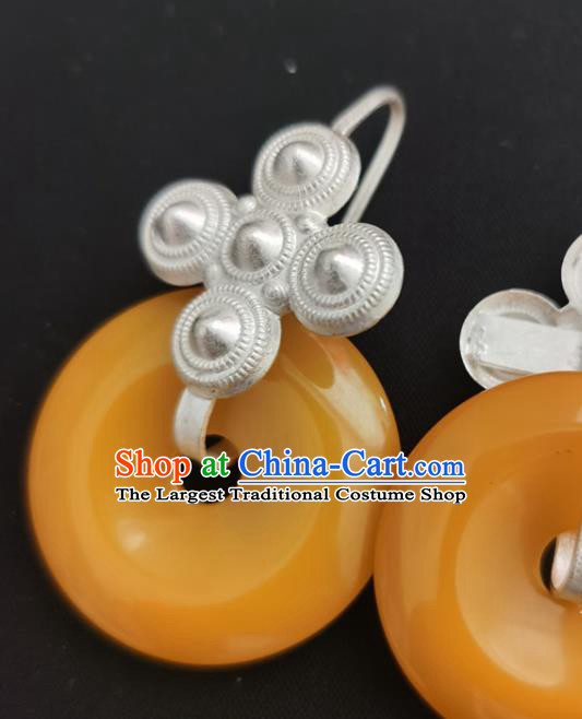 China Traditional Yi Nationality Silver Ear Accessories Handmade Liangshan Ethnic Yellow Peace Buckle Earrings