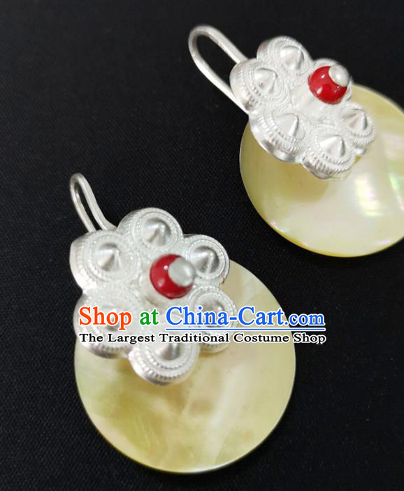 China Traditional Yi Nationality Silver Ear Accessories Handmade Liangshan Ethnic Yellow Shell Earrings