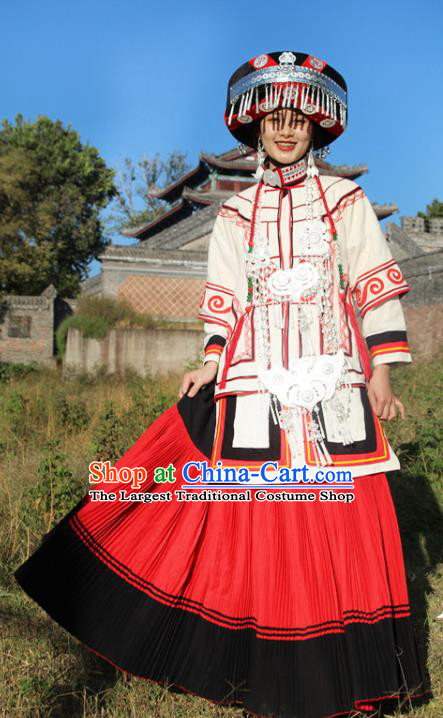 China Yi Nationality Bride Outfits Clothing Traditional Liangshan Ethnic Stage Performance Costumes and Headdress