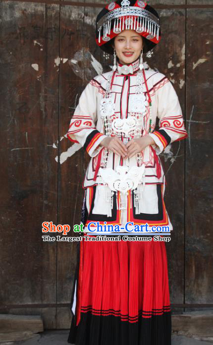 China Yi Nationality Bride Outfits Clothing Traditional Liangshan Ethnic Stage Performance Costumes and Headdress