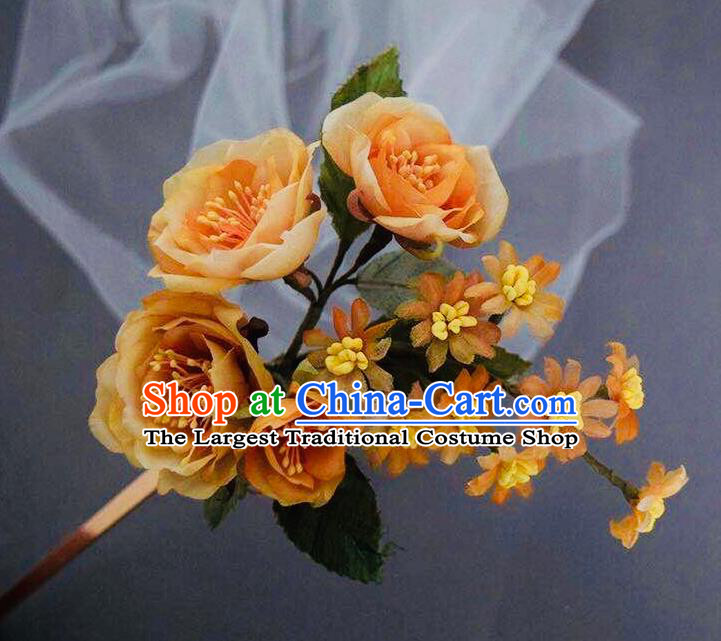 Chinese Handmade Ancient Palace Lady Hairpin Traditional Song Dynasty Orange Silk Flowers Hair Stick