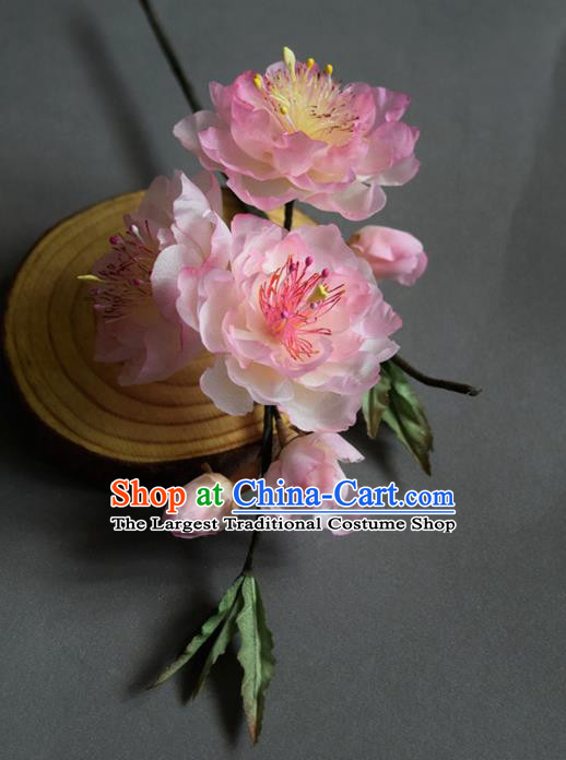 Chinese Handmade Cheongsam Hairpin Traditional Ming Dynasty Pink Silk Peach Blossom Hair Stick