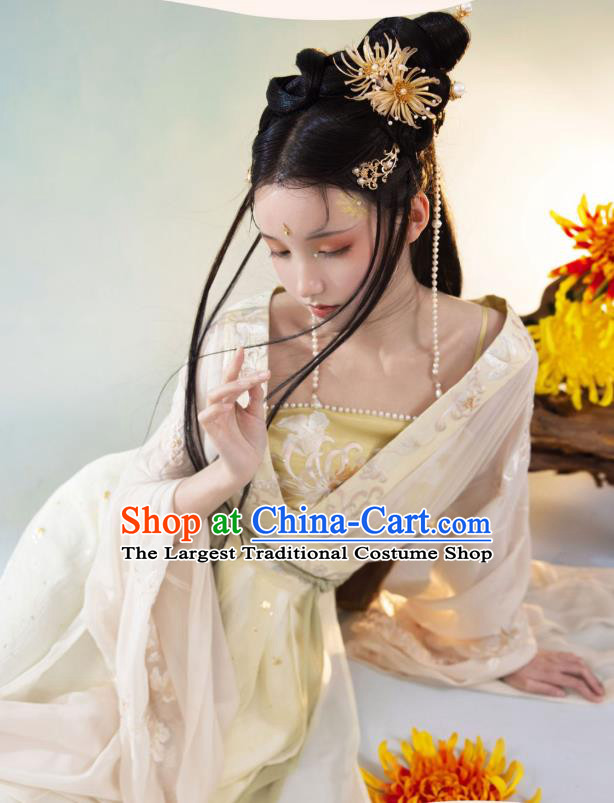 China Ancient Flowers Goddess Embroidered Hanfu Dress Garment Traditional Jin Dynasty Royal Princess Historical Clothing Full Set