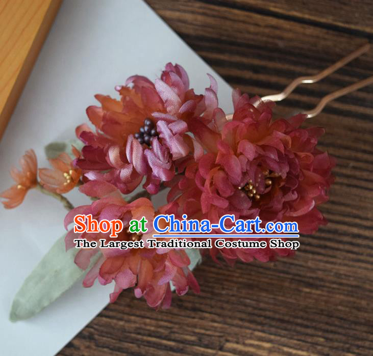 Chinese Cheongsam Hairpin Traditional Ming Dynasty Red Silk Chrysanthemum Hair Stick Handmade Hair Accessories