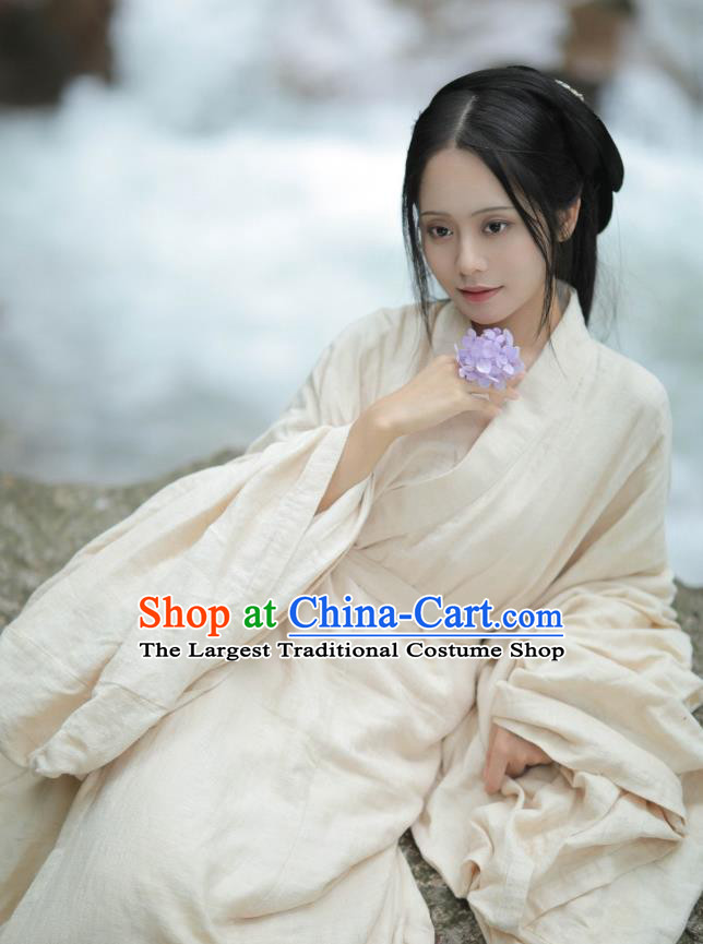 China Ancient Country Woman Beige Hanfu Dress Traditional Jin Dynasty Village Lady Historical Costume