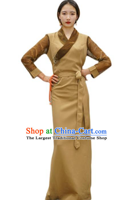 China Tibetan Ethnic Khaki Bola Dress Zang Nationality Woman Informal Clothing