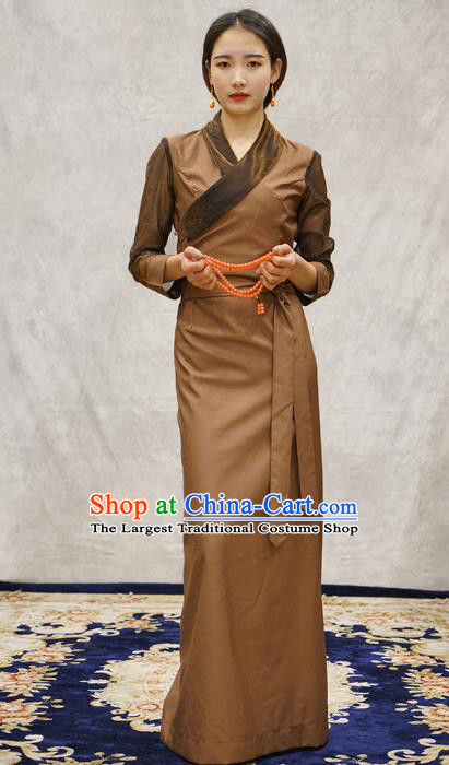 China Zang Nationality Woman Informal Clothing Tibetan Ethnic Brown Bola Dress