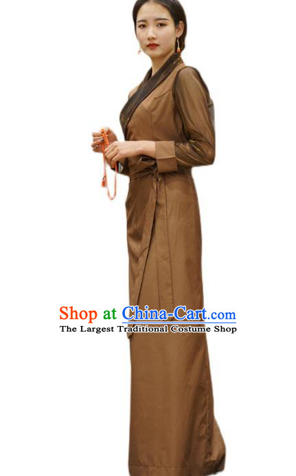 China Zang Nationality Woman Informal Clothing Tibetan Ethnic Brown Bola Dress