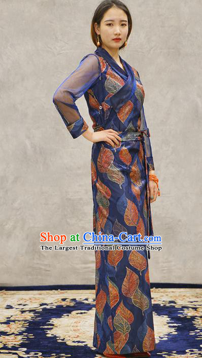 China Zang Nationality Minority Informal Clothing Tibetan Ethnic Printing Leaf Blue Bola Dress