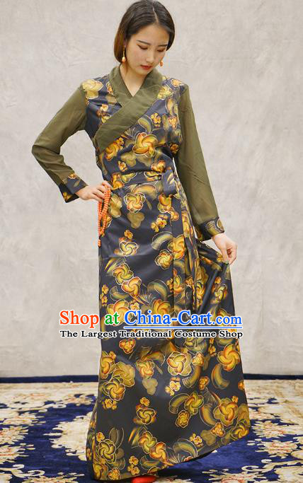 China Zang Nationality Woman Bola Clothing Tibetan Ethnic Printing Navy Blue Dress