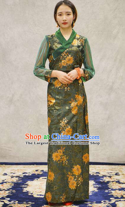 China Tibetan Ethnic Printing Flowers Green Dress Zang Nationality Woman Bola Clothing