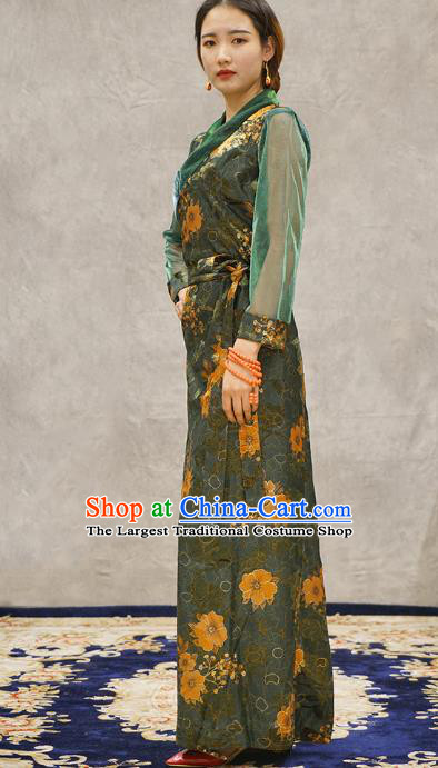 China Tibetan Ethnic Printing Flowers Green Dress Zang Nationality Woman Bola Clothing