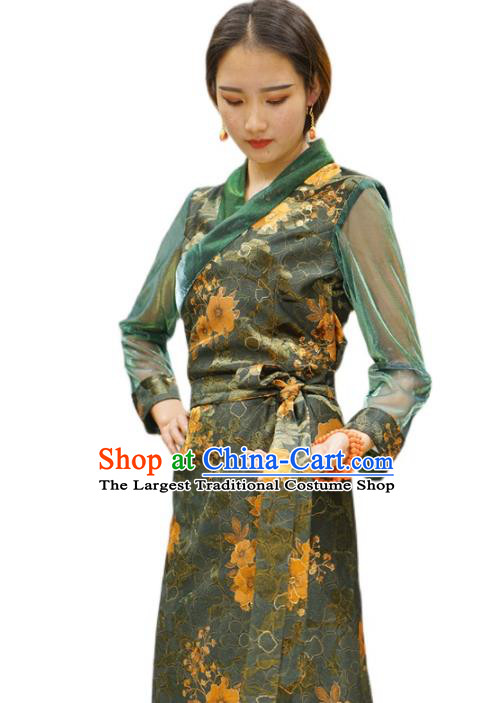 China Tibetan Ethnic Printing Flowers Green Dress Zang Nationality Woman Bola Clothing