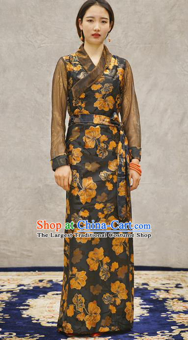China Tibetan Ethnic Woman Dress Zang Nationality Printing Black Bola Clothing