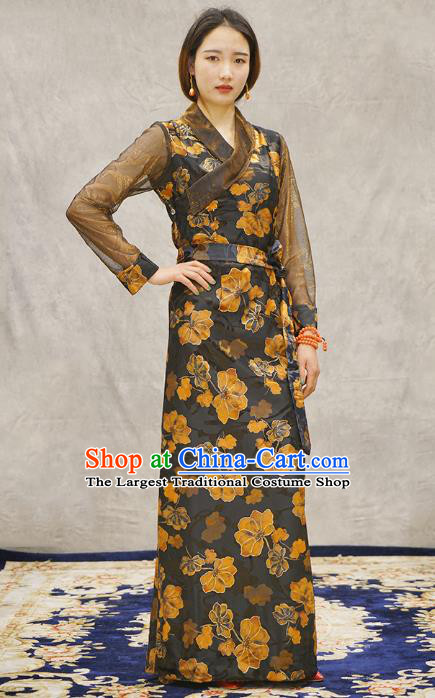 China Tibetan Ethnic Woman Dress Zang Nationality Printing Black Bola Clothing