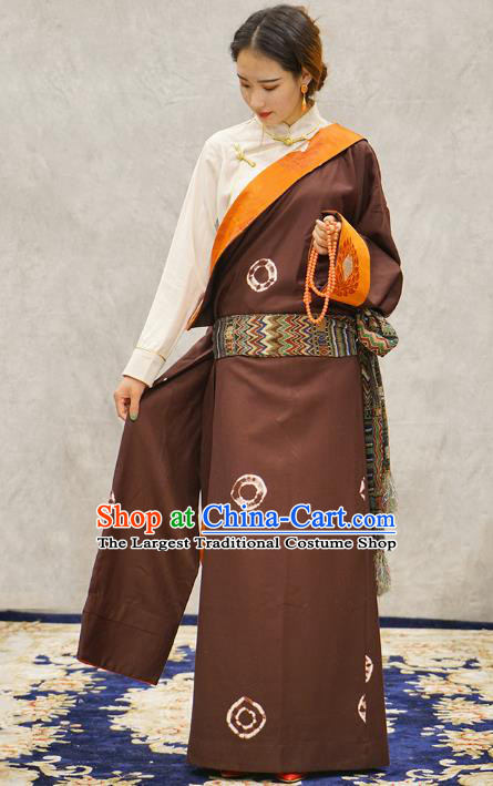 China Wine Red Tibetan Robe Ethnic Woman Costume Zang Nationality Clothing