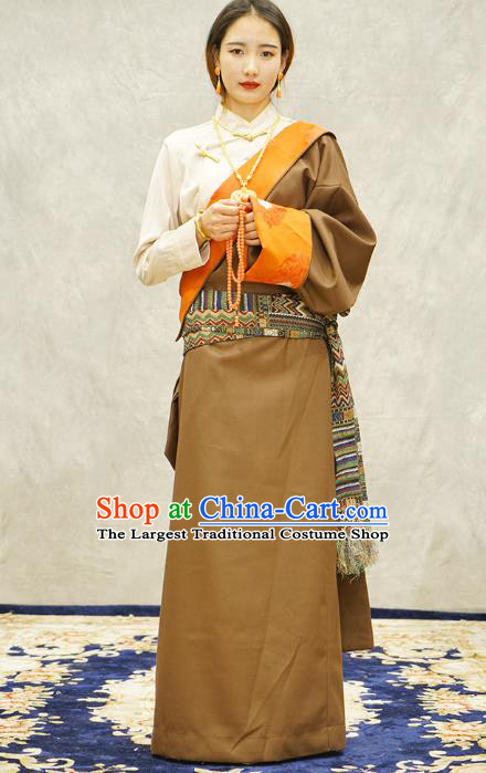 China Ethnic Woman Costume Zang Nationality Clothing Khaki Tibetan Robe