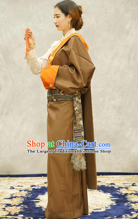 China Ethnic Woman Costume Zang Nationality Clothing Khaki Tibetan Robe