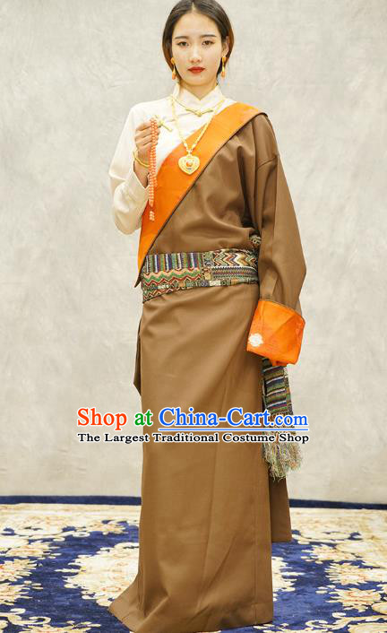 China Ethnic Woman Costume Zang Nationality Clothing Khaki Tibetan Robe