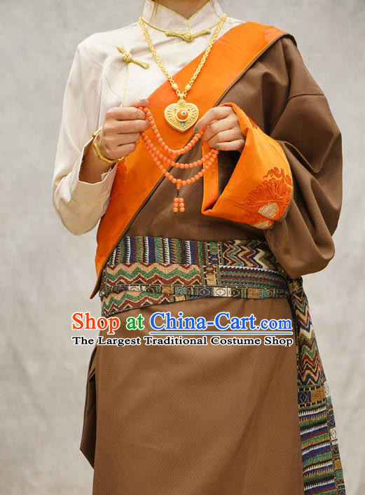China Ethnic Woman Costume Zang Nationality Clothing Khaki Tibetan Robe