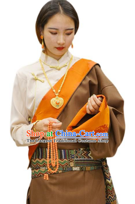 China Ethnic Woman Costume Zang Nationality Clothing Khaki Tibetan Robe