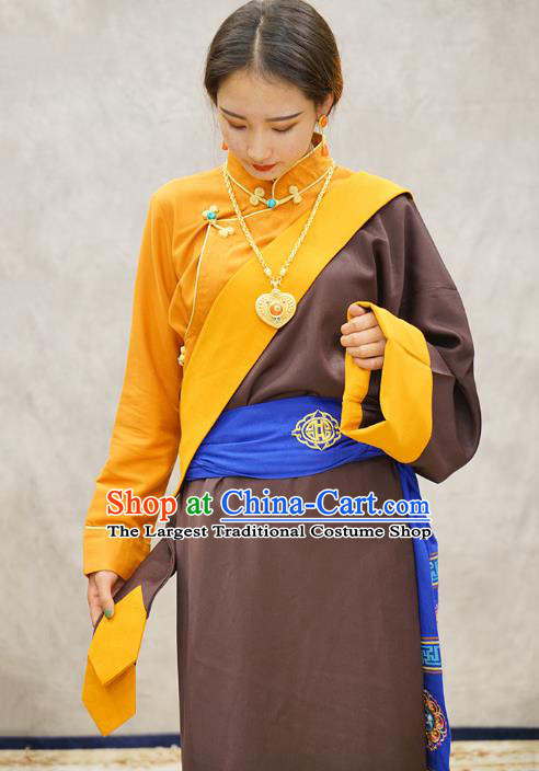 China Zang Nationality Kangba Clothing Brown Tibetan Robe Ethnic Woman Costume