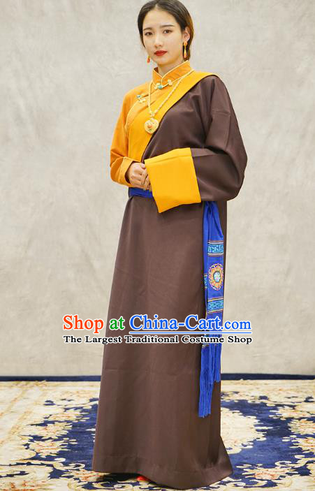 China Zang Nationality Kangba Clothing Brown Tibetan Robe Ethnic Woman Costume