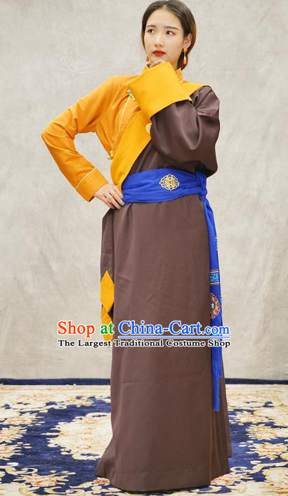 China Zang Nationality Kangba Clothing Brown Tibetan Robe Ethnic Woman Costume