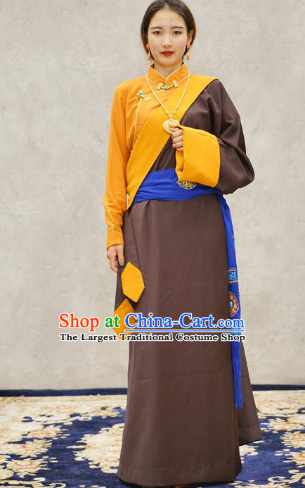China Zang Nationality Kangba Clothing Brown Tibetan Robe Ethnic Woman Costume