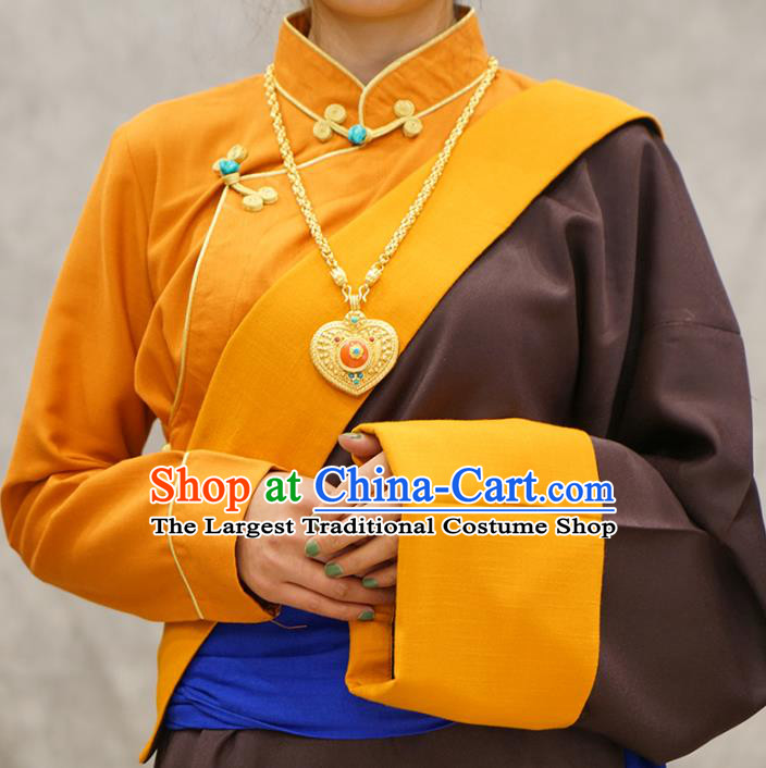 China Zang Nationality Kangba Clothing Brown Tibetan Robe Ethnic Woman Costume