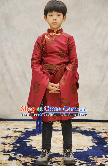 Chinese Zang Nationality Boys Costumes Tibetan Ethnic Children Red Brocade Uniforms