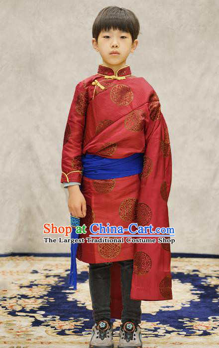 Chinese Zang Nationality Boys Costumes Tibetan Ethnic Children Red Brocade Uniforms