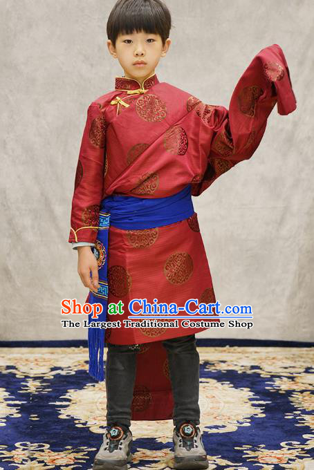 Chinese Zang Nationality Boys Costumes Tibetan Ethnic Children Red Brocade Uniforms