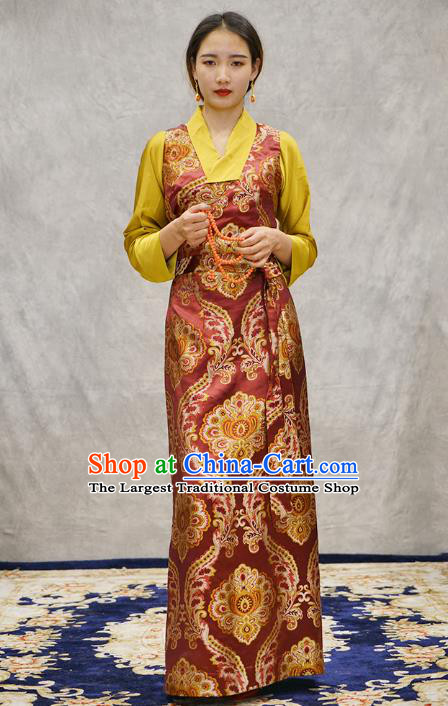 China Zang Nationality Red Brocade Bola Dress Clothing Tibetan Ethnic Woman Costume