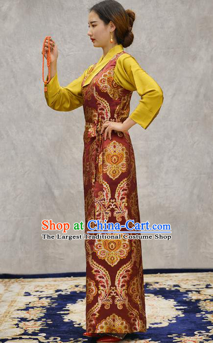 China Zang Nationality Red Brocade Bola Dress Clothing Tibetan Ethnic Woman Costume