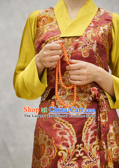 China Zang Nationality Red Brocade Bola Dress Clothing Tibetan Ethnic Woman Costume