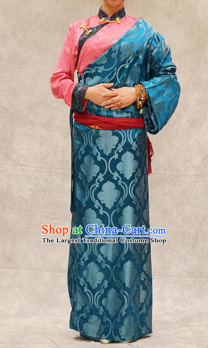 China Ethnic Woman Stage Performance Costume Blue Brocade Tibetan Robe Zang Nationality Clothing