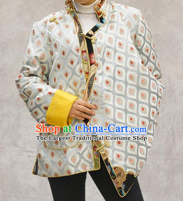Chinese Tibetan Nationality Woman Clothing Zang Minority White Brocade Jacket