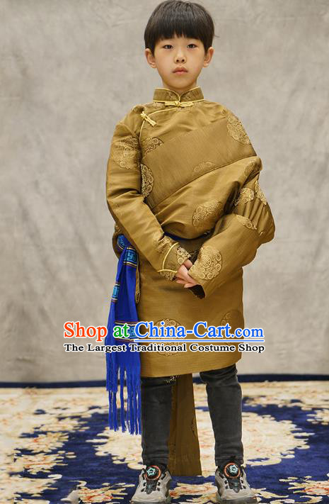 Chinese Zang Nationality Boys Clothing Tibetan Ethnic Children Green Brocade Jacket