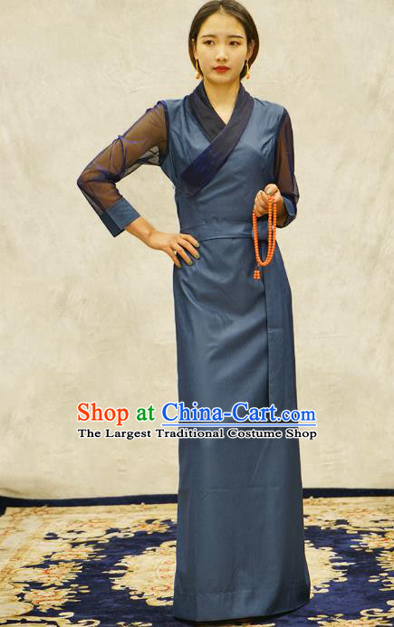 China Zang Nationality Bola Clothing Tibetan Ethnic Female Blue Dress