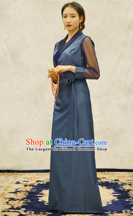 China Zang Nationality Bola Clothing Tibetan Ethnic Female Blue Dress