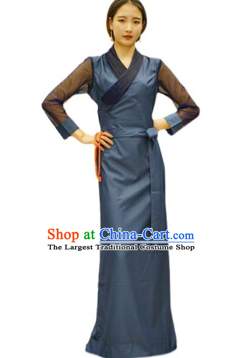 China Zang Nationality Bola Clothing Tibetan Ethnic Female Blue Dress